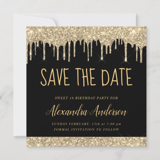 Invitation Gold et Black Parties scintillant Sweet 16 Enregis (Devant)