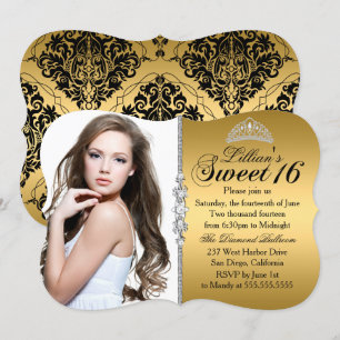 Invitation Gold et Black Princesse Tiara Sweet 16 Anniversair