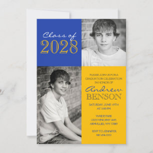 Invitation Gold et Blue Classic 2 Photo Graduation