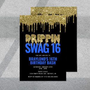 Invitation Gold et Blue Drippin Swag 16 Anniversaire