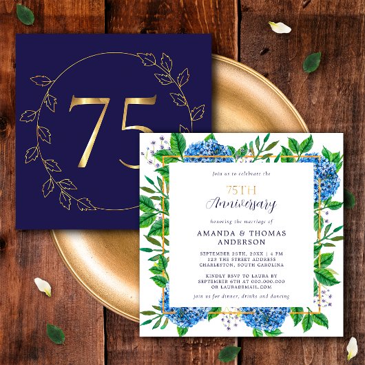 Invitation Gold et Blue Hydrangea 75e anniversaire du Mariage