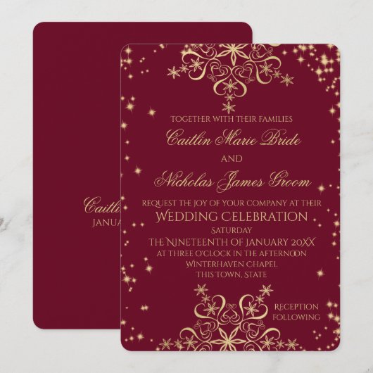 Invitation Gold et Bourgogne Mariage d'hiver Snowflakes (Devant / Derrière)