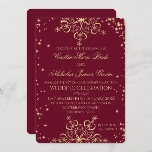 Invitation Gold et Bourgogne Mariage d'hiver Snowflakes