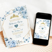Invitation Gold et Dusty Blue Floral Crown Quinceañera