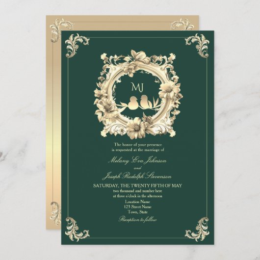 Invitation Gold et Emerald Green Mariage (Devant / Derrière)