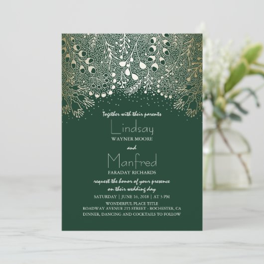 Invitation Gold et Emerald Green Mariage en bois enchanté (Debout devant)