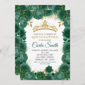 Invitation Gold et Emerald Green Roses Quinceañera (Devant / Derrière)