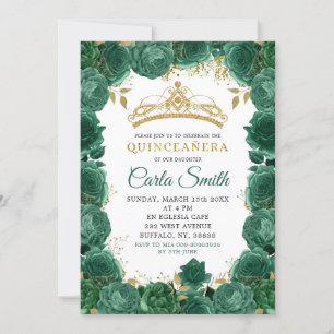 Invitation Gold et Emerald Green Roses Quinceañera