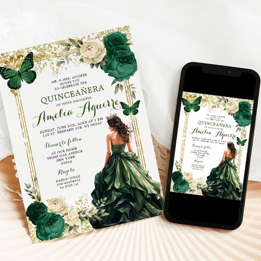 Invitation Gold et Emerald Green Royal Princess Quinceañera