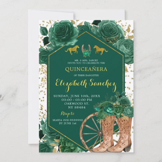 Invitation Gold et Emerald Green Western Charra Quinceañera (Devant)