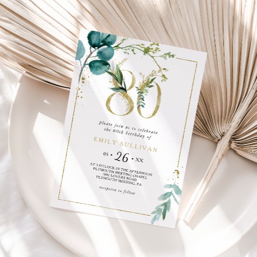 Invitation Gold et Eucalyptus fête du 80e anniversaire
