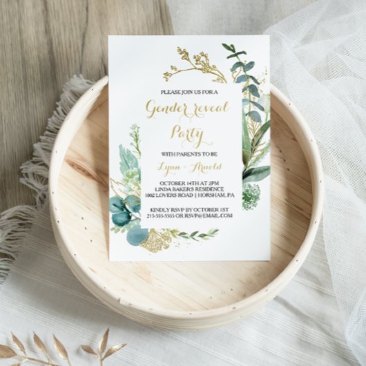 Invitation Gold et Green Eucalyptus Genre Revevela Party