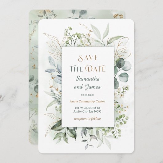 Invitation Gold et Green Save the Date Modèle (Devant / Derrière)
