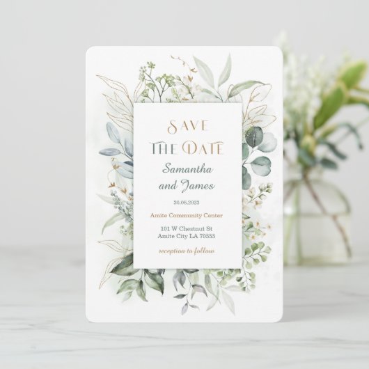 Invitation Gold et Green Save the Date Modèle (Debout devant)