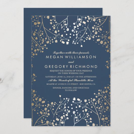 Invitation Gold et Marine Bébé's Breath Floral Mariage modern (Devant / Derrière)