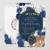 Invitation Gold et Navy Blue Western Charra Quinceañera (Devant / Derrière)