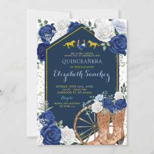 Invitation Gold et Navy Blue Western Charra Quinceañera