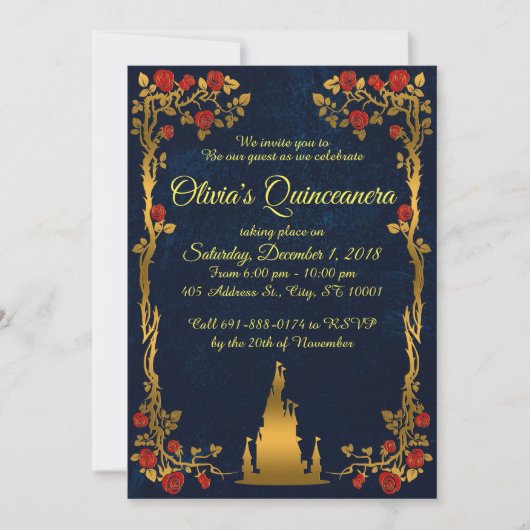 Invitation Gold et Navy Quinceañera (Devant)