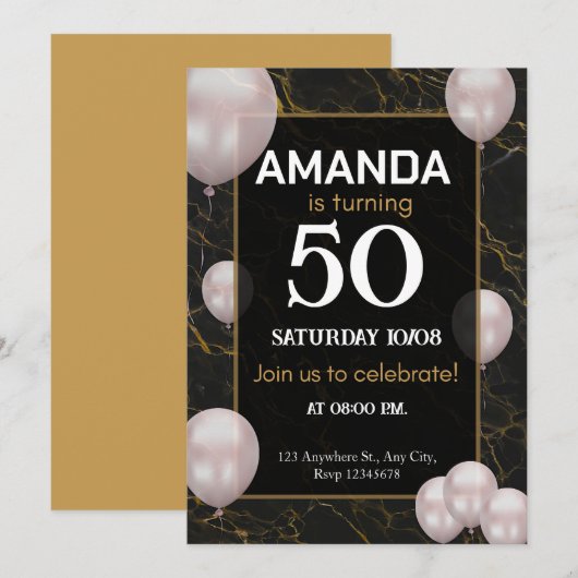Invitation Gold et noir fête du 50e anniversaire (Devant / Derrière)