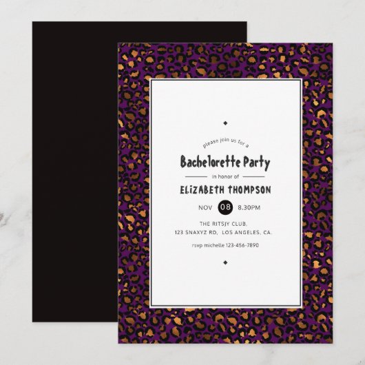 Invitation Gold et Purple Leopard Bachelorette Party (Devant / Derrière)