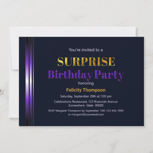 Invitation Gold et Purple Surprise fête d'anniversaire (Devant)