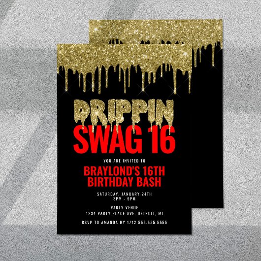 Invitation Gold et Red Drippin Swag 16 Anniversaire