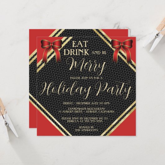Invitation Gold et Red Holiday Party (Devant/Arrière en situation)
