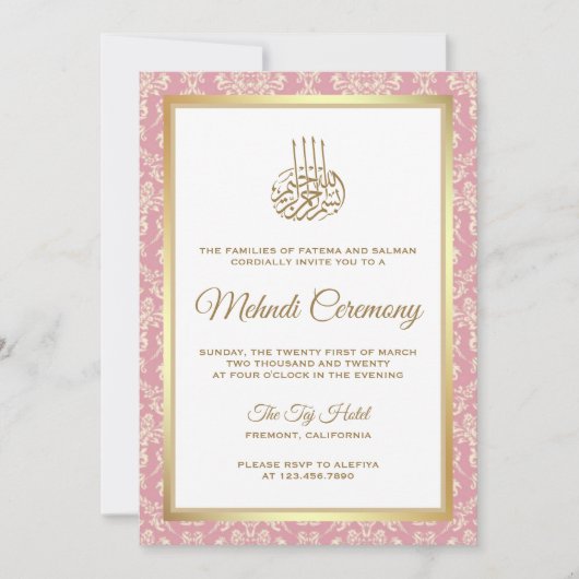 Invitation Gold et Rose Damask rose Musulman Cerememy (Devant)