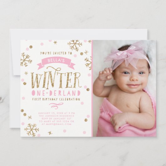Invitation Gold et rose Winter Onederland 1er Anniversaire Ph (Devant)