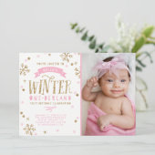 Invitation Gold et rose Winter Onederland 1er Anniversaire Ph (Debout devant)