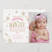 Invitation Gold et rose Winter Onederland 1er Anniversaire Ph (Devant / Derrière)
