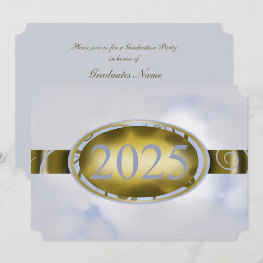 Invitation Gold et Sky-Blue Graduation Floral 2025 Party (Devant / Derrière)