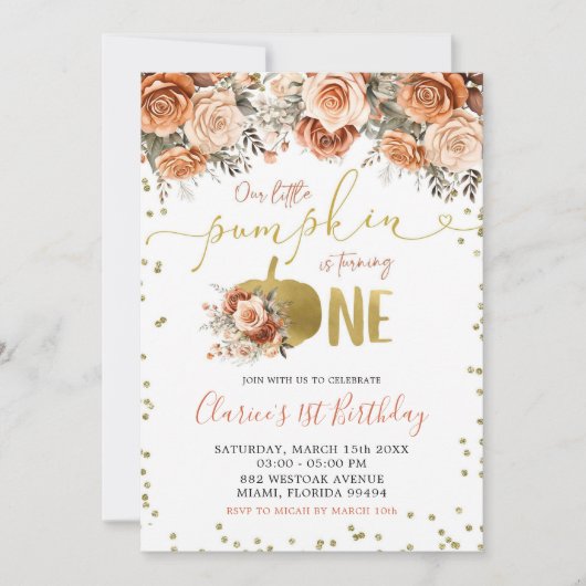 Invitation Gold et Terracotta Floral Citrouille Premier anniv (Devant)