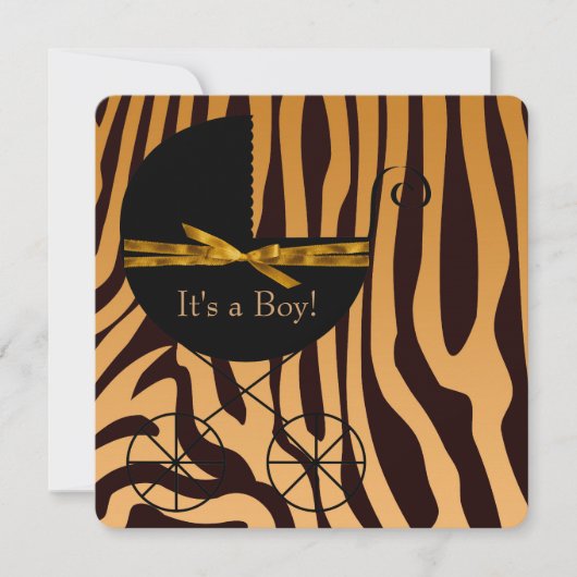 Invitation Gold et transport Brown Boy Zebra Baby shower (Devant)