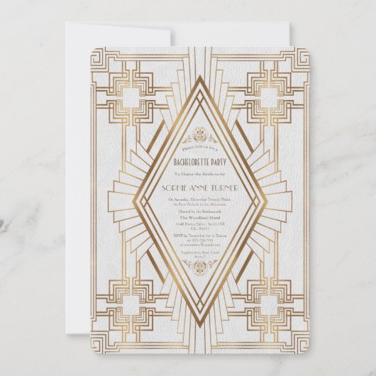 Invitation Gold et White Great Gatsby Bachelorette Party (Devant)
