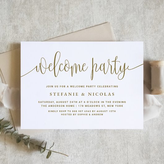 Invitation Gold et White Jolie Calligraphie Welcome Party