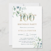 Invitation Gold Eucalyptus Botanical 100e fête d'anniversaire (Devant)