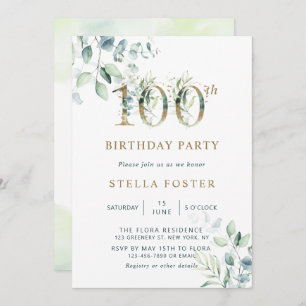 Invitation Gold Eucalyptus Botanical 100e fête d'anniversaire