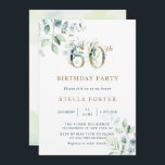 Invitation Gold Eucalyptus Botanical 60e fête d'anniversaire<br><div class="desc">Cette invitation à la fête du 60e anniversaire présente des eucalyptus à l'aquarelle peinte et des feuilles verts avec des numéros d'or botanique.</div>