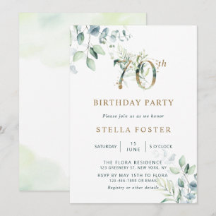 Invitation Gold Eucalyptus Botanical 70e Anniversaire Fête In