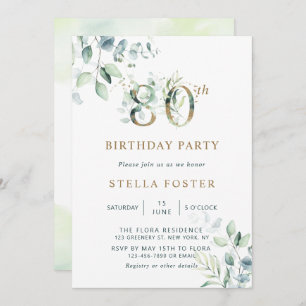 Invitation Gold Eucalyptus Botanical 80th Birthday Party