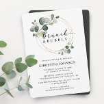 Invitation Gold Eucalyptus Brunch et Fête des mariées Bubbly<br><div class="desc">Elégant aquarelle eucalyptus or cercles encadrant "brunch et bulle" dans le script et typographie classique nuptiale invitation simple chic et belle que votre invité sera ravi de recevoir. À l'arrière de l'invitation se trouve le vert de pin massif.</div>