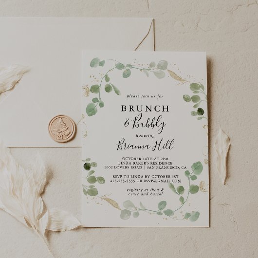 Invitation Gold Eucalyptus Brunch et Fête des mariées Bubbly