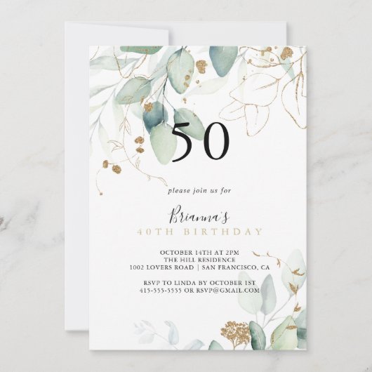 Invitation Gold Eucalyptus Calligraphie 50e fête d'anniversai (Devant)