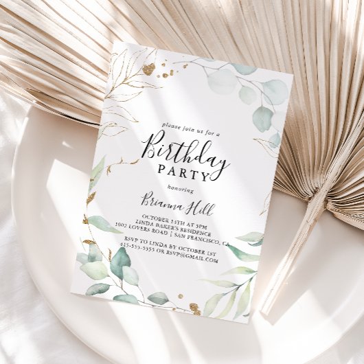 Invitation Gold Eucalyptus Calligraphie Anniversaire