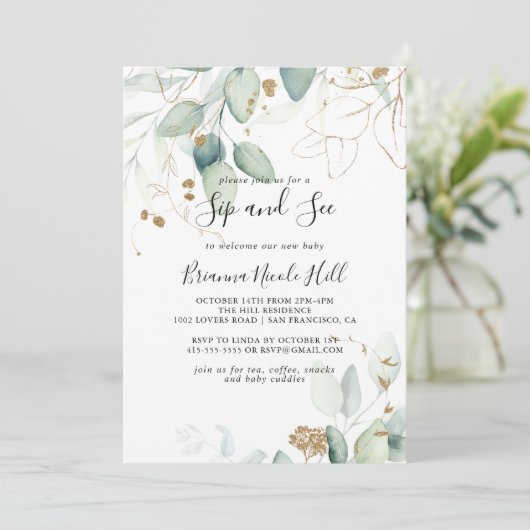 Invitation Gold Eucalyptus Calligraphy Sip and See (Debout devant)