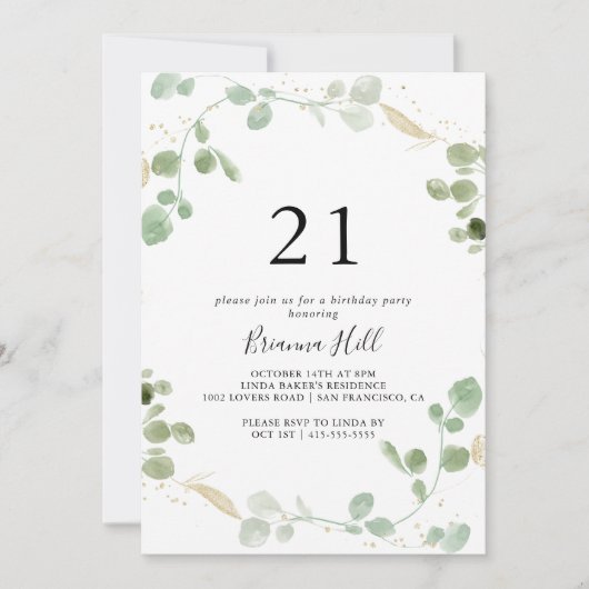 Invitation Gold Eucalyptus Foliage 21ème fête d'anniversaire (Devant)