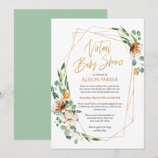 Invitation Gold Eucalyptus Green Baby shower virtuel (Devant / Derrière)
