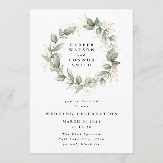 Invitation Gold Eucalyptus Mariage Wreath Verdure Moss Sages (Devant)