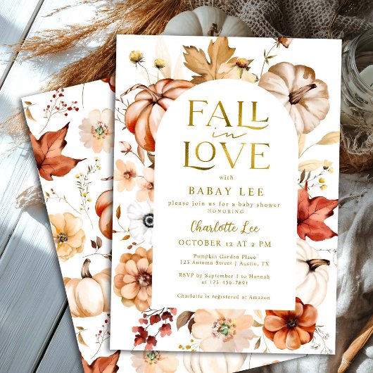 Invitation Gold Fall in Love Floral Arch Citrouille Baby show